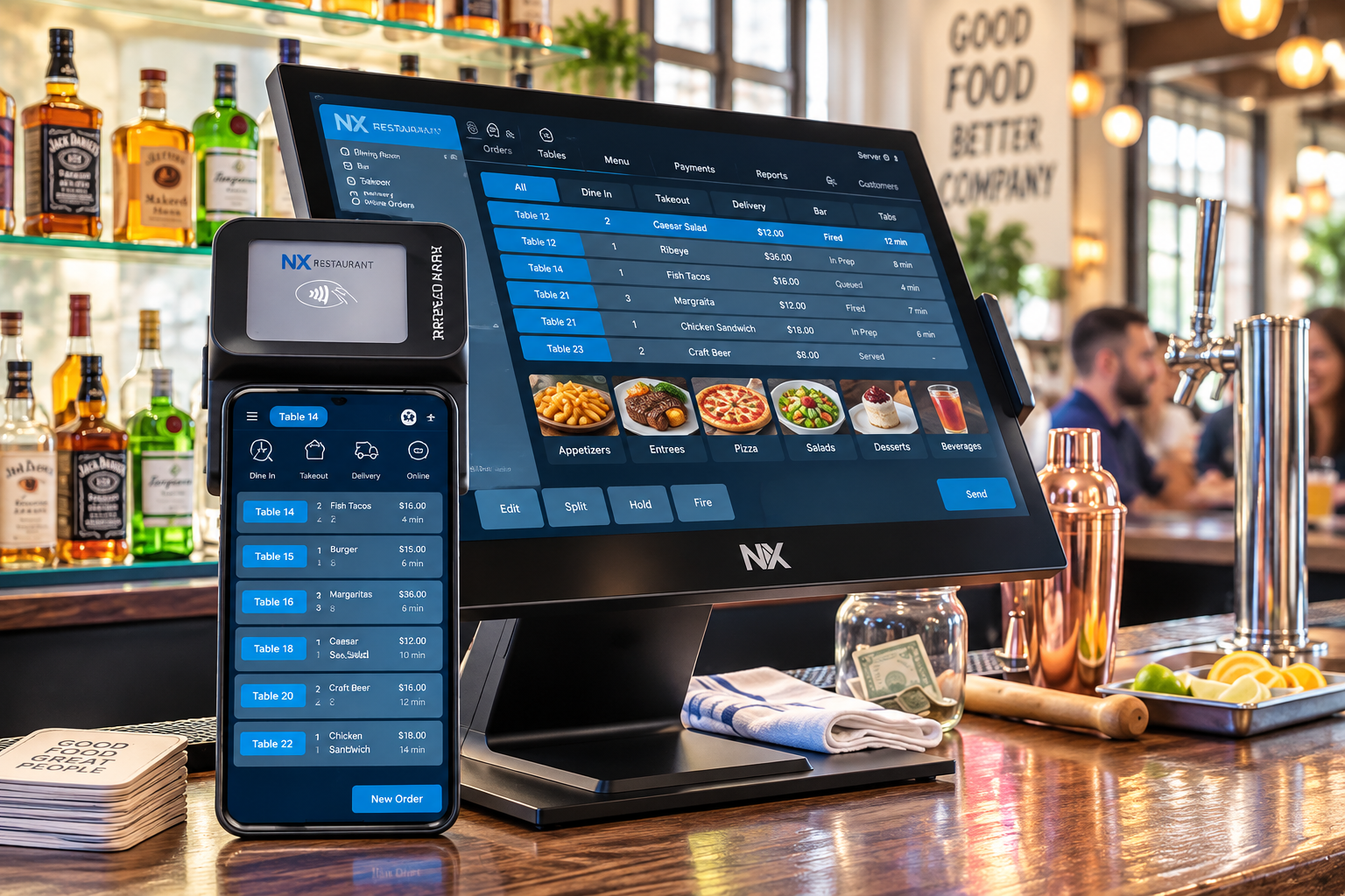 NX Restaurant POS system with handheld and countertop terminals