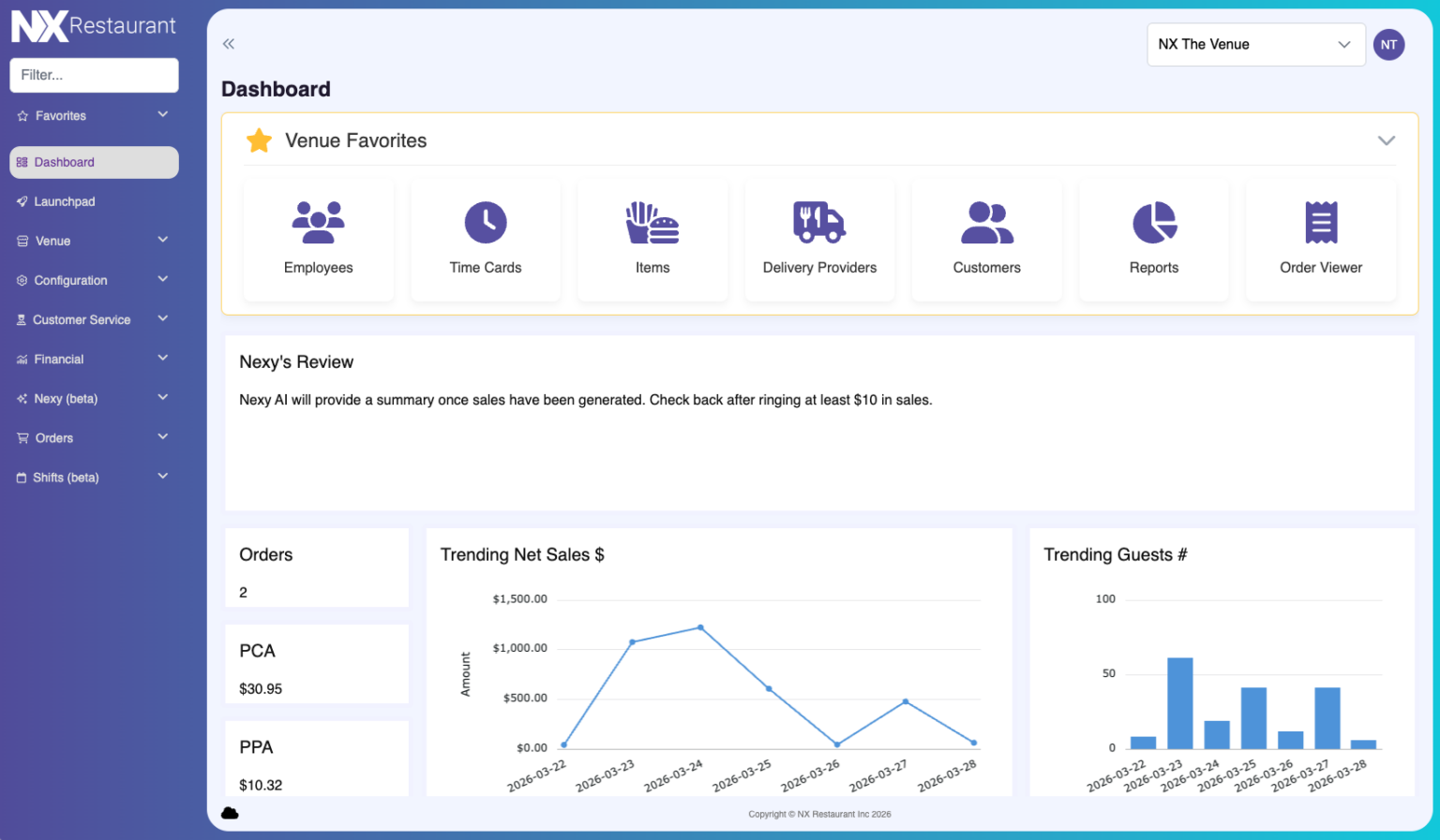 NX Restaurant reporting dashboard with sales and performance insights